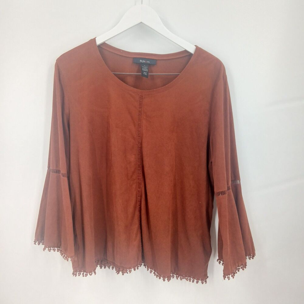 Style & Co Bell Sleeve Faux Suede Top Womens L Rust Brown Boho Casual Cowgirl